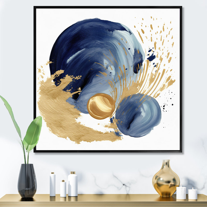 " Dark Blue & Gold Abstract Circle Texture I ", 30" H x 30" W, Black Floater Framed