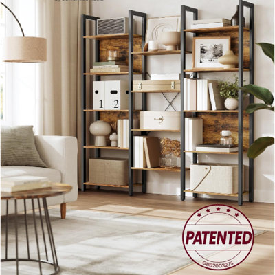 Bookcase, Bookshelf With 14 Shelves, Metal Frame, Shelf Unit For Living Room, Home Office, Industrial Style, 24 X 128 X 166 Cm, Rustic Brown