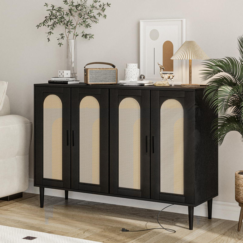 Rattan Buffet Cabinet, Boho Wooden Sideboard with Power Outlet, 4 Doors Accent Storage Cabinet for Coffee Bar, Adjustable Shelves for Dining Room, Hallway, Living Room