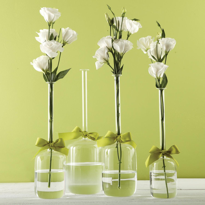 Vase Trio Set of 4 With Teardrop Round and Jug Shapes 15" H With Sage Green Ribbon Sleek And Chic