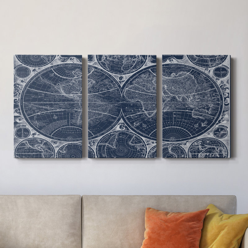 World Globes Blueprint - Toile tendue avec châssis de qualité supérieure - Prêt à être accroché, H 48 po x l 96 po x P 1 po