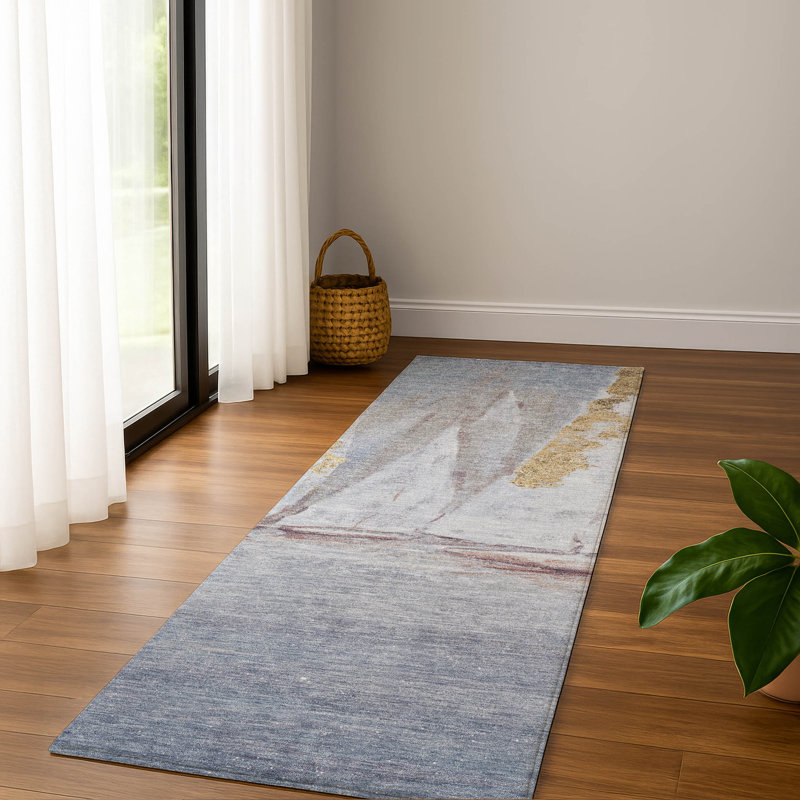 Premium Machine Washable Mayfield AMF2084 Coastal Rug, Blue, 2'3" x 7'6" Runner