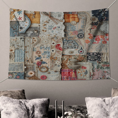 Vintage Fabric Collage Wall Tapestry - Patchwork Wall Decor