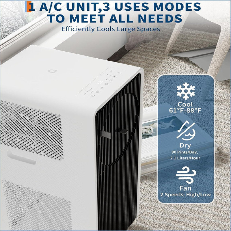 Climatiseur portatif 14 000 BTU avec télécommande - climatiseur 3 en 1 sans déshumidificateur et ventilateur pour les pièces jusqu'à 700 pieds carrés | Comprend le mode veille, une minuterie 24 heures, 3 vitesses et un ensemble de fenêtre