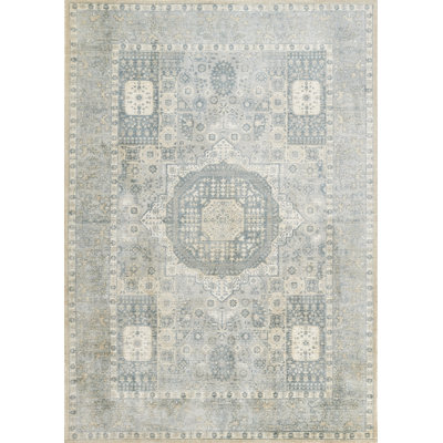 Tapis bleu en laine et viscose tissé à la main Bungalow Rose Atenas