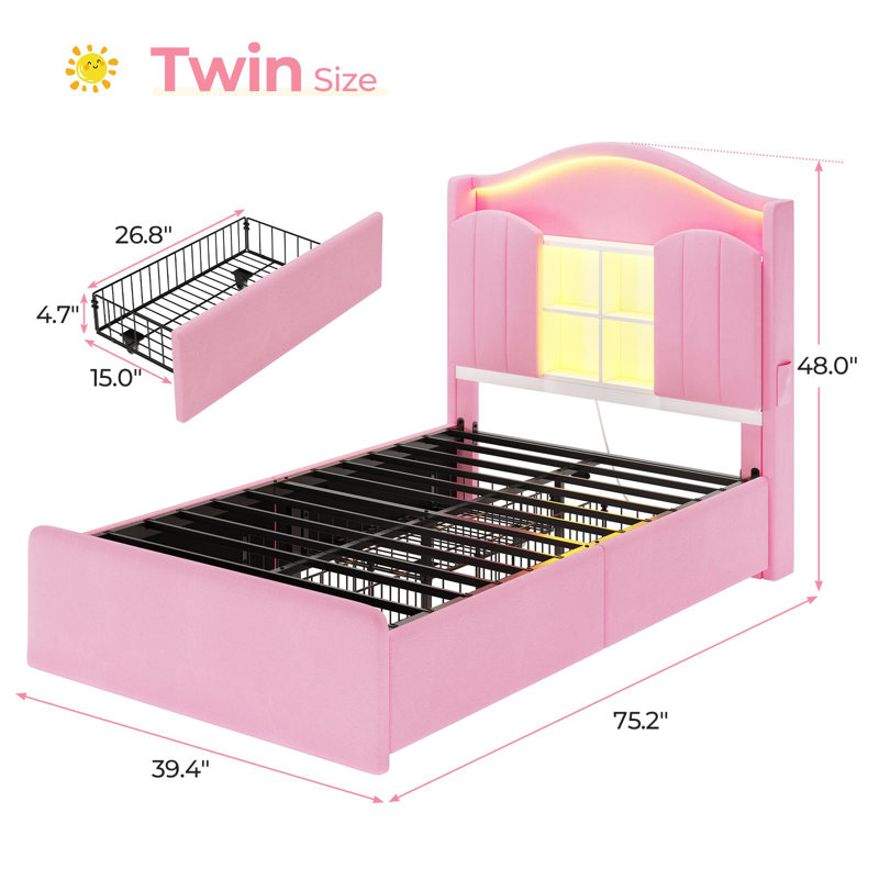 Bed Frame With 4 Drawers & Storage Headboard, Led Lights,charging Station,metal Slats, Princess Velvet Upholstered Platform Bed,no Box Spring Needed, Noise Free