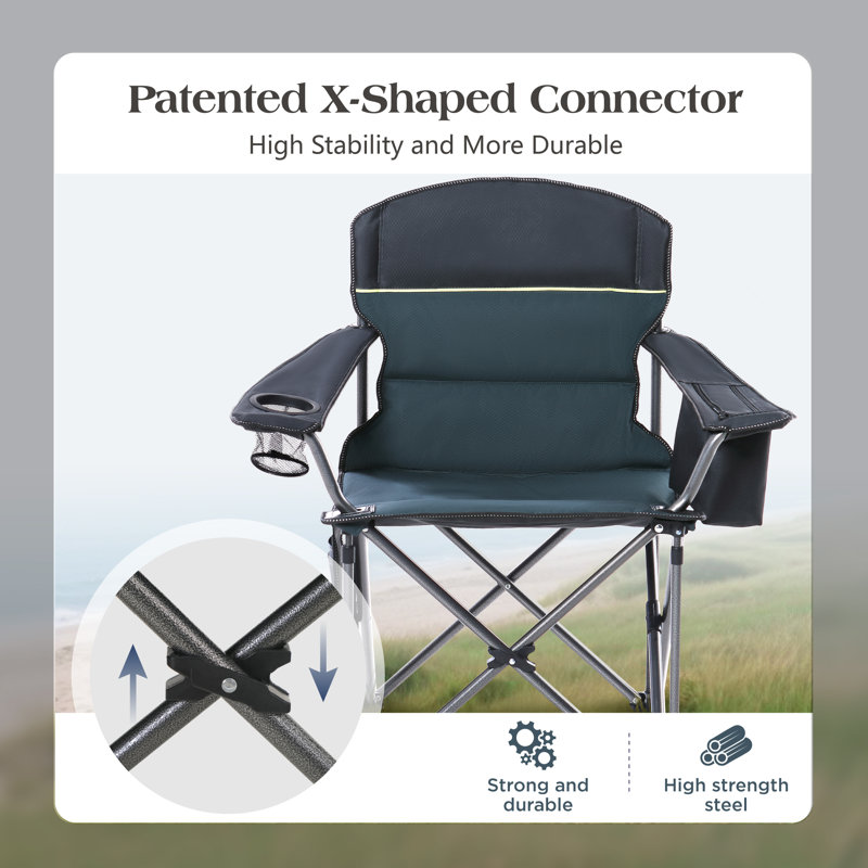 Chaise de camping pliante surdimensionnée renforcée en X avec porte-gobelet, Vert, 2