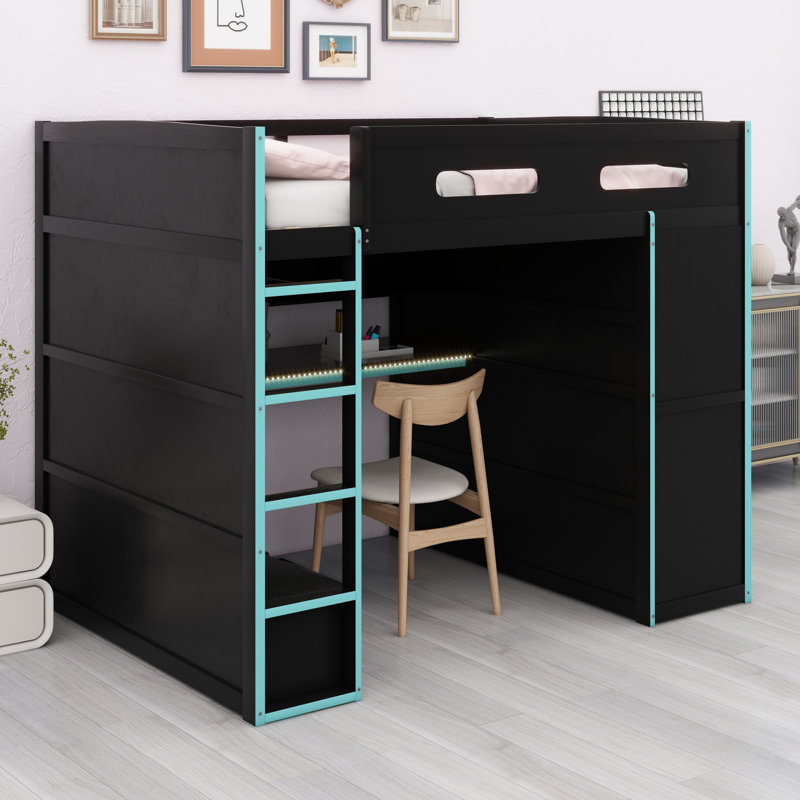 Lit mezzanine en bois avec bureau, garde-robe, grand espace de rangement et lumière DEL RVB, Bleu nuage