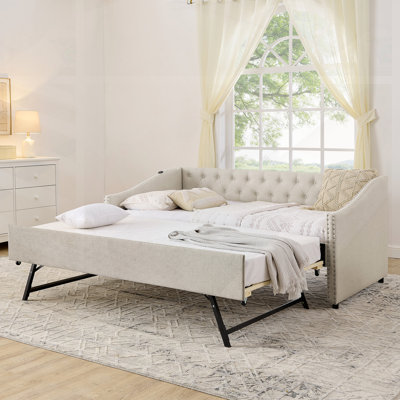 Twin Size Daybed With USB Charging, Pull-Out Extendable Bed, And Elegant Button-Tufted Design For Modern Living