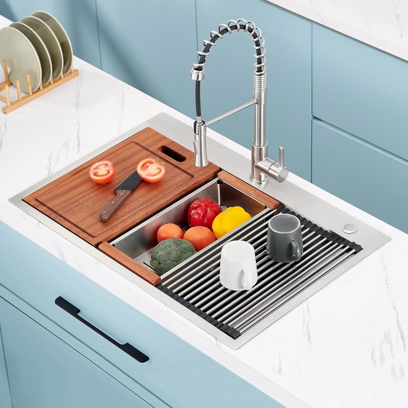 33 X 22 Drop-In Stainless Steel Workstation Kitchen Sink, 18-Gauge Single Bowl R10 Rounded Corner Sink With Accessories | Gift Idea
