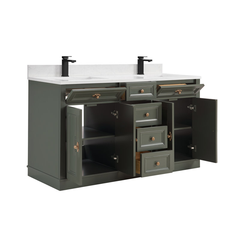 60" Solid Wood Sink Vanity With 1" Artificial Stone Top, Pewter Green, Rose Gold