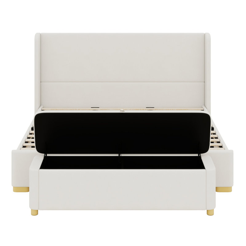 Ensemble de lit plateforme avec banc de rangement, tête de lit à oreilles et pouf de bout de lit, Très grand lit, Crème