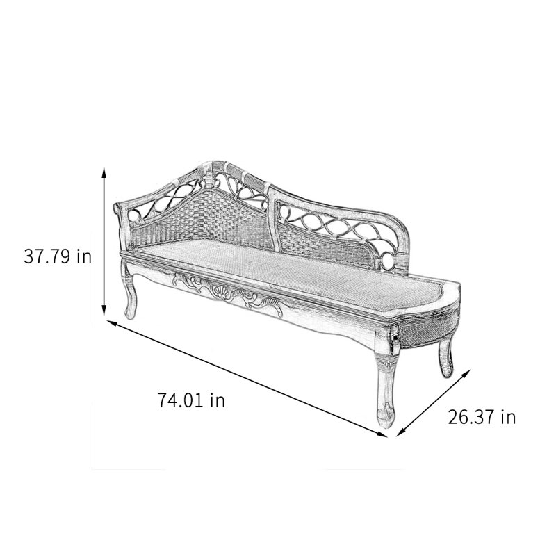 Natural solid wood carved rattan chaise lounge, Left Hand Facing, Reddish Brown