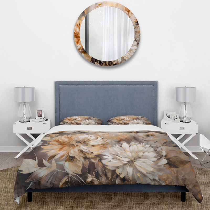 Ensemble de housse de couette en microfibre / polyester doré et blanc, Housse de couette pour grand lit et 2 taies décor