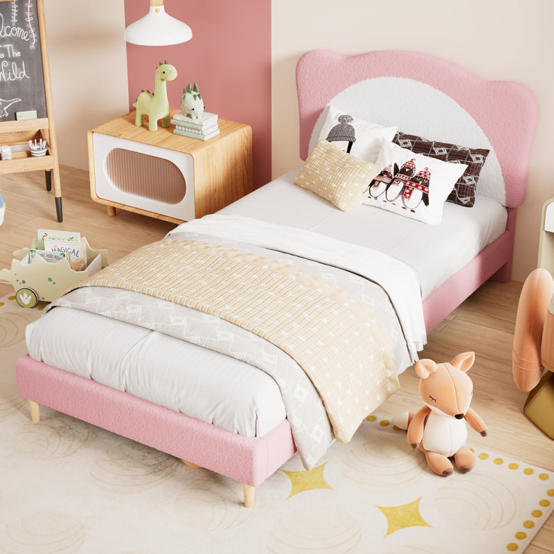 Full Size Platform Bed Frame with Plush Upholstered Headboard, Solid Wood Slat Support Low Profile Design for Girls and Boys, No Box Spring Needed, Pink