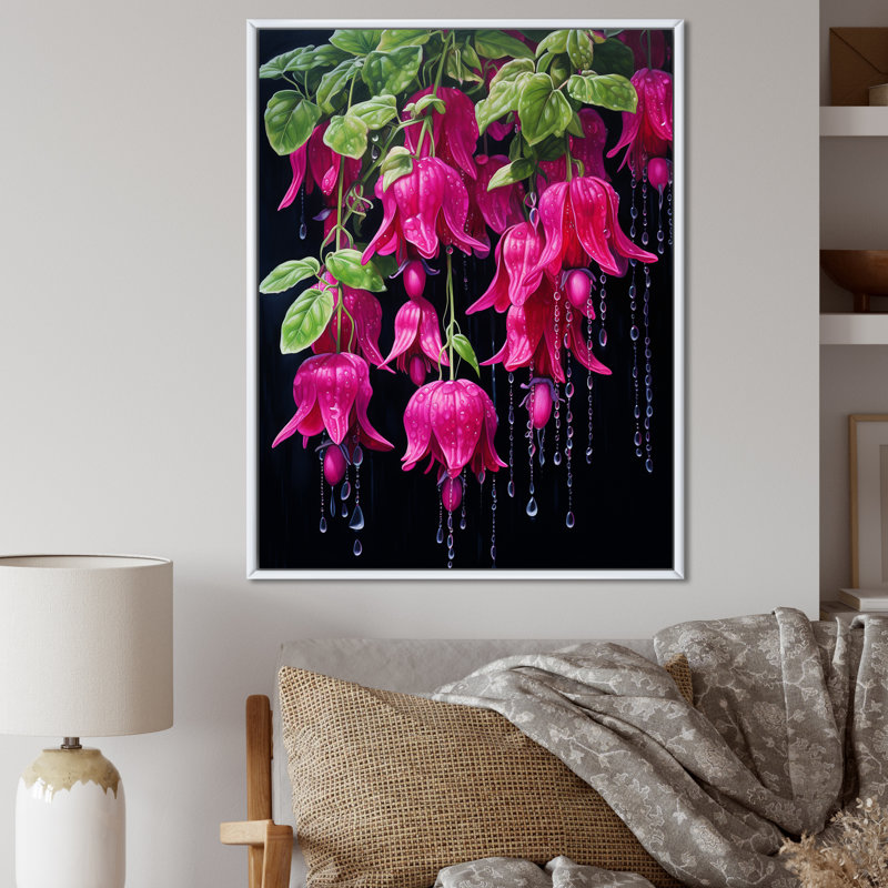 Fleurs fuchsia en noir et rose sur toile, Cadre flottant blanc, H 40 po x l 30 po x P 1,5 po