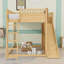 Lit mezzanine en bois avec glissoire, tablettes de rangement et échelles-699777331-699777330
