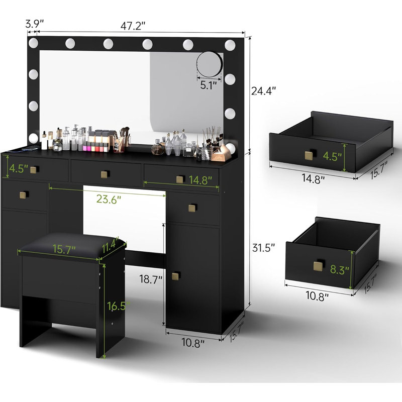 Makeup Vanity Desk,41”Large Mirror,12 Adjustable 3 Color LED Bulbs,5 Drawers,Suitable for Girls' Makeup Vanity,Black, Black
