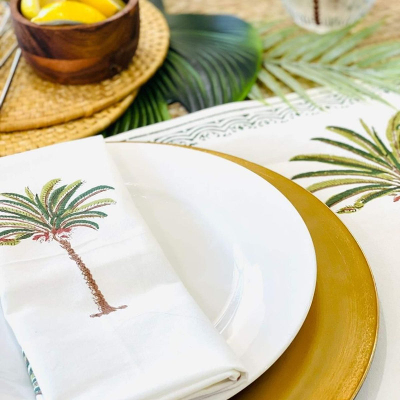 100% Cotton Square Napkins, Green/White