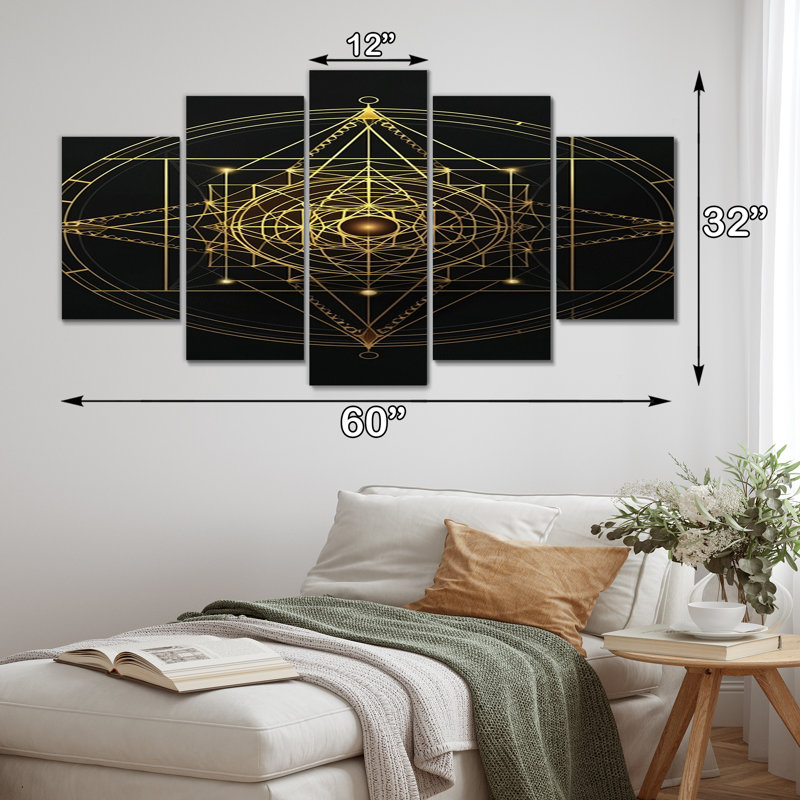  «Gold Sacred Geometric Visions On Black VI», reproduction d'art géométrique moderne - 5 panneaux