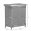 Wooden Outdoor Storage Cabinet 74cm W x 43cm D x 88cm H with Hinged Roof, Double Doors and Shelf in Grey - Small Garden Tool Shed with Stainless Steel Worktop