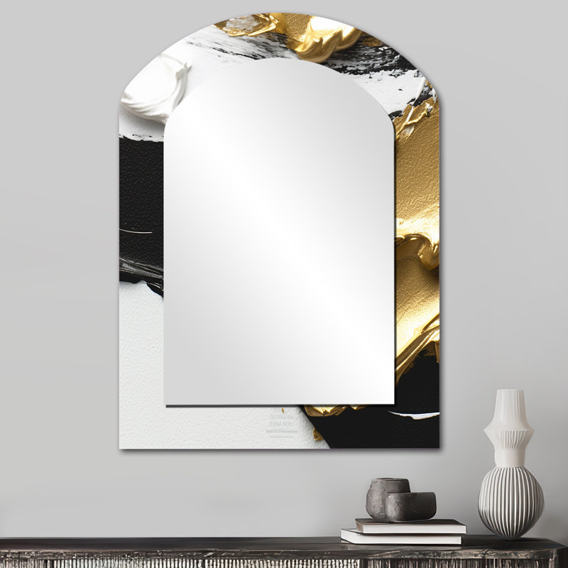 Imminent Bliss Bold Textured Gold and Black I - Abstract Painting Asymmetrical Large Mirror, Modern Arch Decorative Wall Mirror, Printed Metal Art