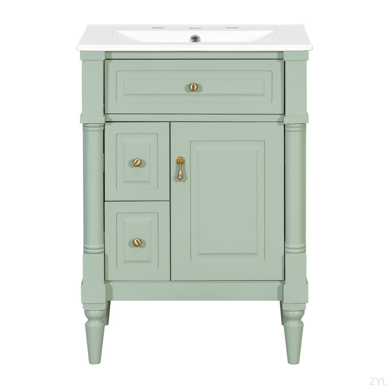 24 Inch Bathroom Vanity With Sink, Green Freestanding Bathroom Cabinet With Flip Drawer, Adjustable Shelf, Solid Rubberwood Frame, MDF Panels & Metal Handles