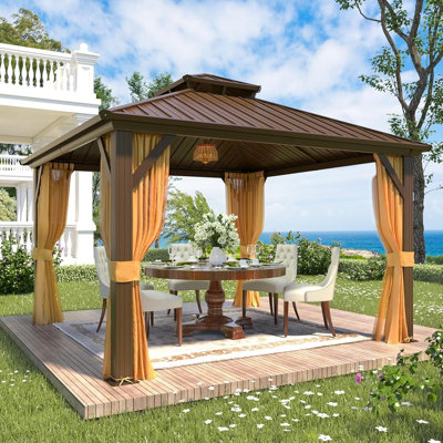 Outdoor Hardtop Gazebo With Aluminum Frame & Double Galvanized Steel Roof, Heavy Duty Permanent Pavilion With Netting & Curtains For Patio, Lawn, Deck