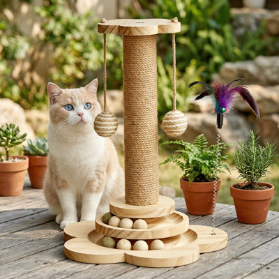 4-in-1 Wooden Cat Scratcher Toy, 17.7 Inch Tall Scratch Post with Cat Track Balls, Feather Toy & 2 Sisal Hanging Balls