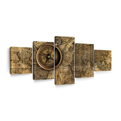 " Brass Compass On World Map " 5 - Pieces
