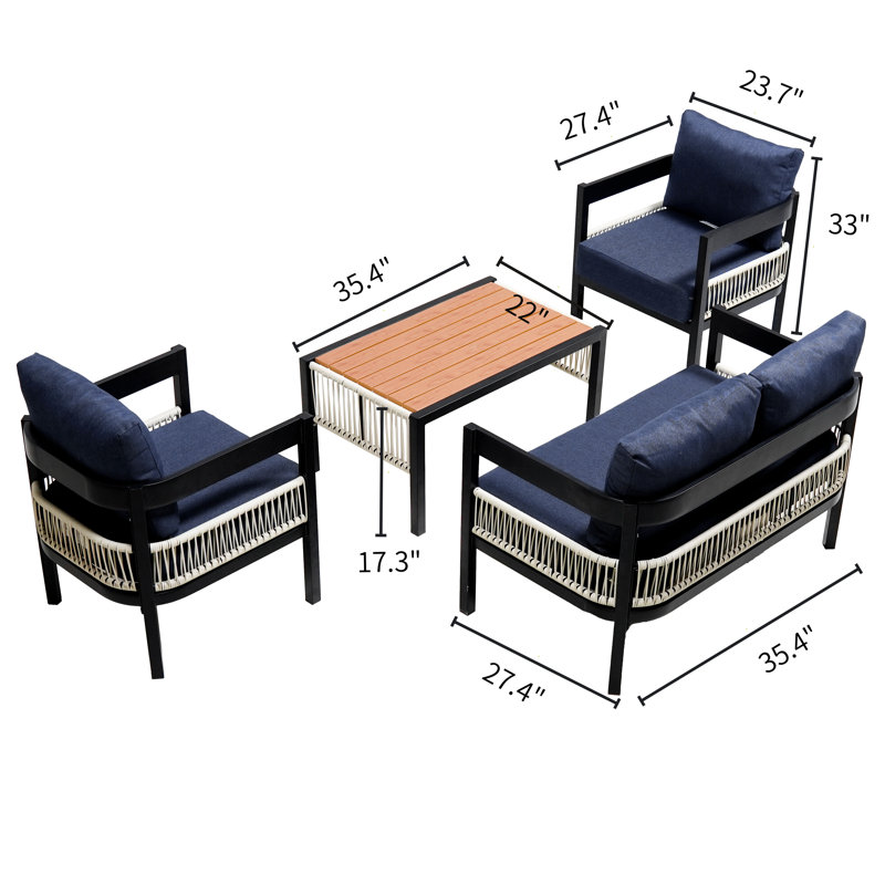 Ensemble de canapé d'extérieur en fer avec table, rotin PE, imperméable et résistant à la rouille, Bleu très foncé