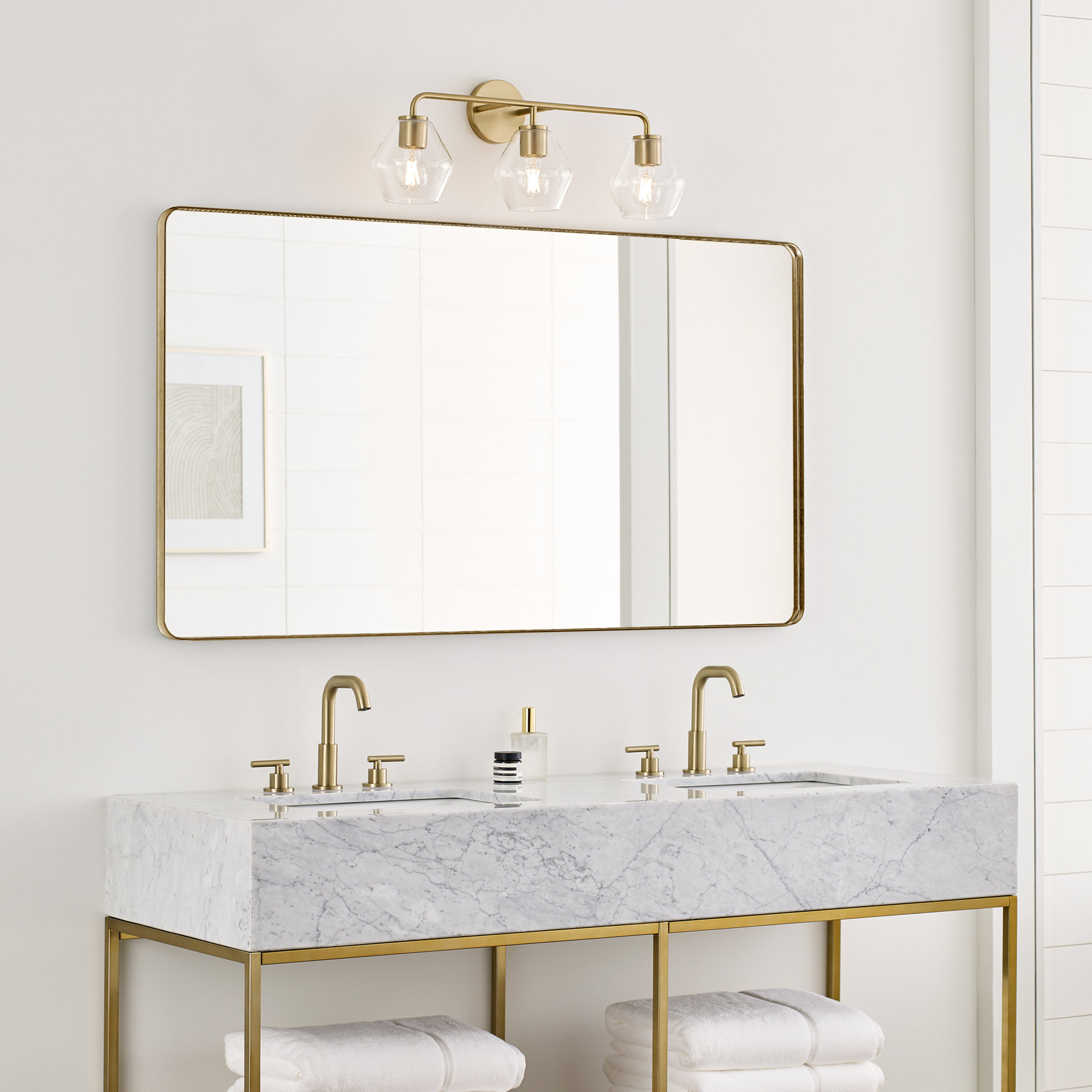 Rooks 3 Light Dimmable Vanity Light, Satin Brass, Clear