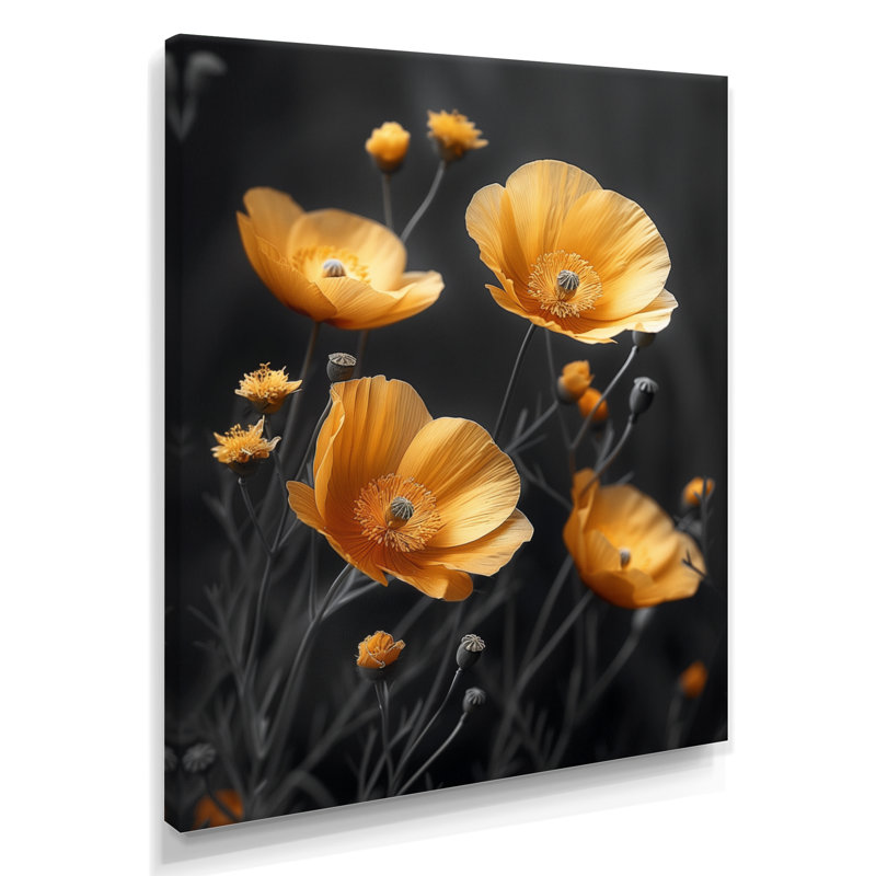 Décoration jaune joyeux coquelicots jaunes et lumineux II - Coquelicots, H 44 po x l 34 po x P 1,5 po, Toile tendue