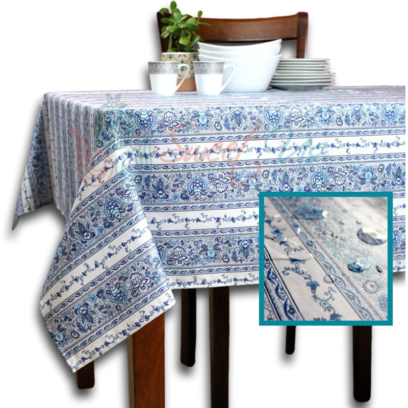 Fleur de Indienne Wipeable Stain Resistant Acrylic Coated French Provencal Floral Cotton Tablecloth Collection, 116" x 60"