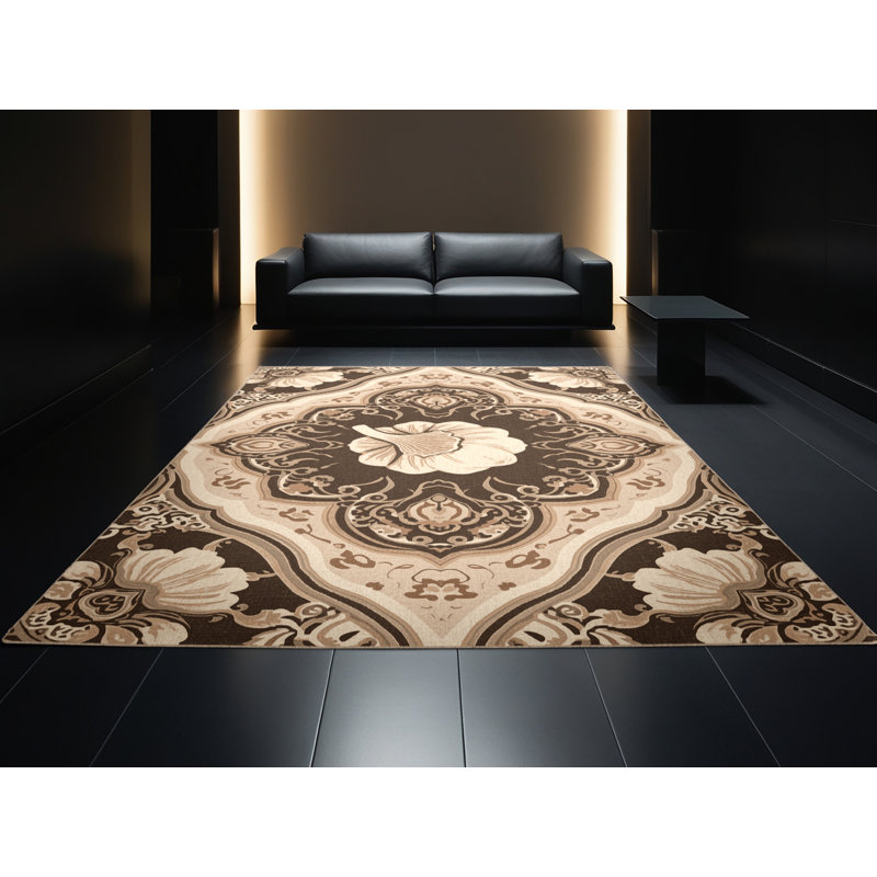 Tapis oriental classique brun et beige lavable à la machine Templeton, 7 x 9