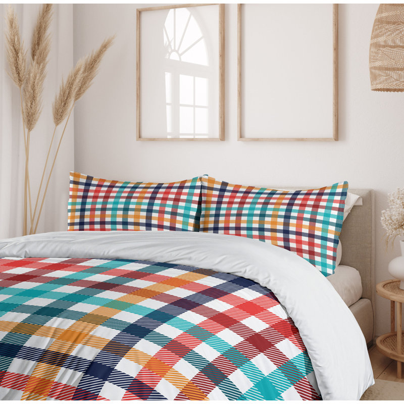 Colorful Gingham Plaid Queen Duvet Cover Set with Pillow Shams