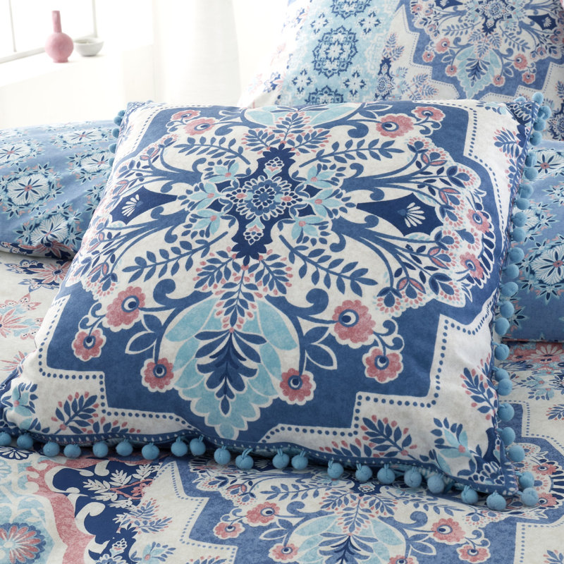 Boho Patchwork Cushion with Pom Pom