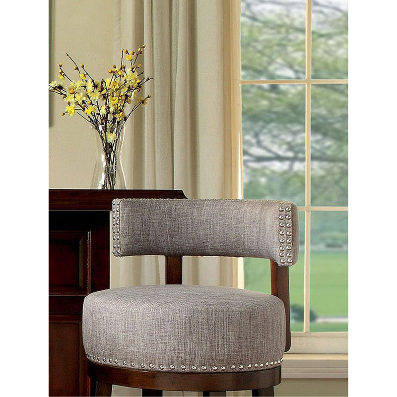 Tabourets de bar pivotants 25 po 2 pièces, gris et chêne foncé, sièges rembourrés en tissu, conception transitionnelle, garniture cloutée dans les chaises de cuisine en chêne / tissu, dossiers avec sièges, style pour