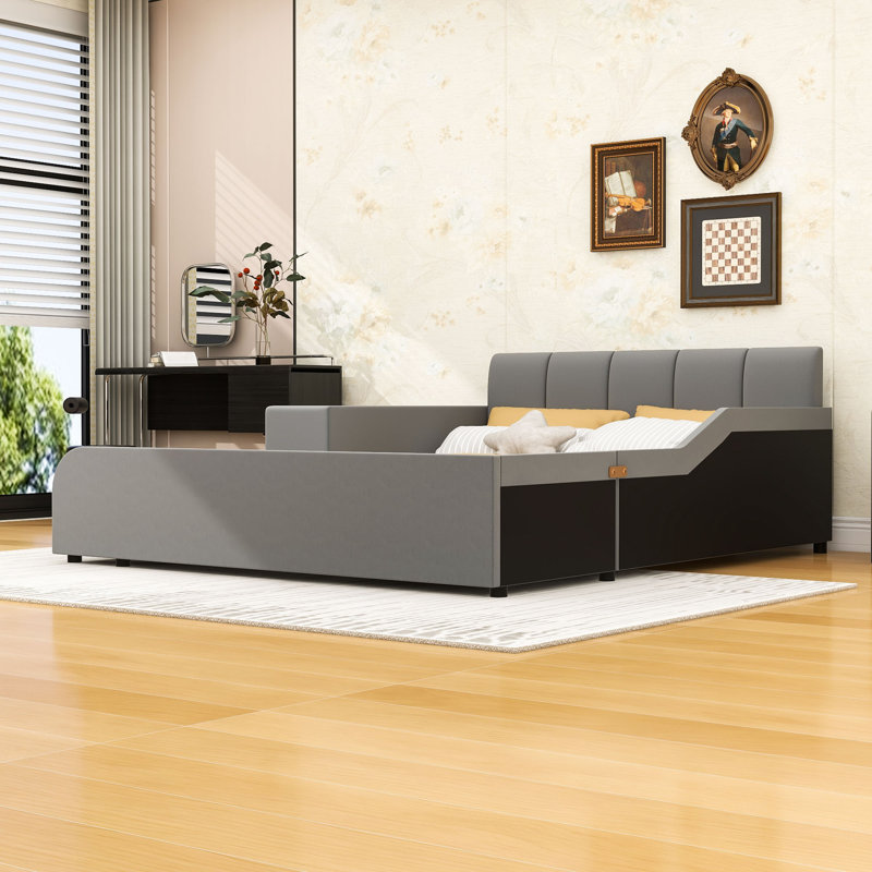 Lit plateforme tapissier luxueux en velours avec bureau, tabouret rond et rails de sécurité, Gray, Double