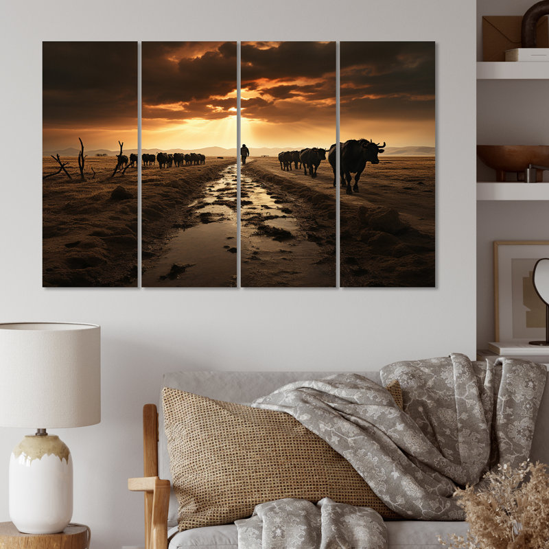 Bovins «Silent Horizon I», reproduction d'art murale - 4 panneaux