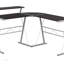 Bureau d'ordinateur contemporain en forme de L avec base en métal gris, conception en coin pour le bureau à domicile moderne et les jeux
