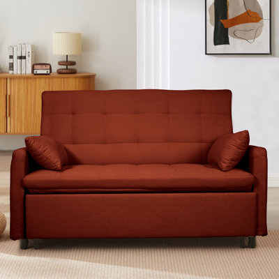 2 - In 1 Convertible 61 Inch Fabric Bed With Reinforced Iron Support, Storage Pockets, Adjustable , Ideal For Living Room, Red Linen Upholstery Large Size Sleeper Bedroom, Apartment, Dorm, Frame,