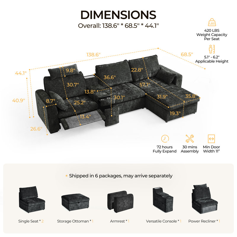 Canapé inclinable électrique surdimensionné en chenille 4 places avec appui-tête, canapé modulaire Cloud avec table convertible Olar