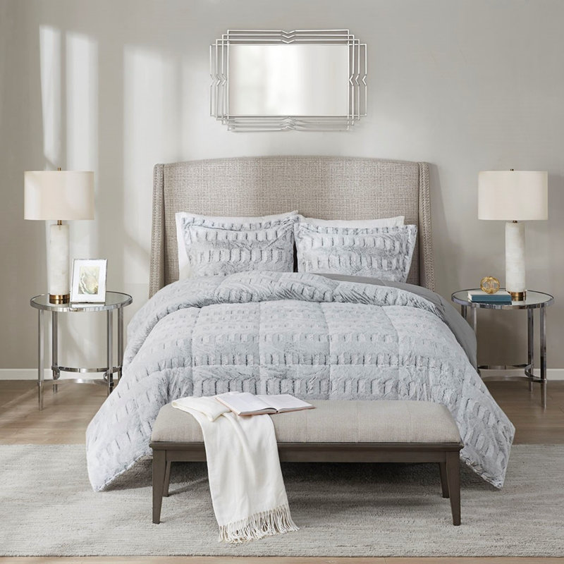 Ensemble d'édredon en fausse fourrure 3 pièces pour lit double / grand, Gris clair, Édredon grand