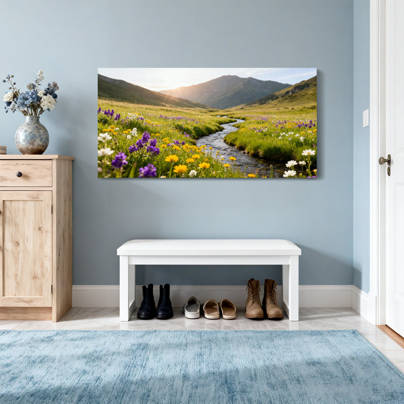 «Landscape & Nature Mountain Stream Flower Field Sunset Landscape», reproduction sur toile, H 16 po x l 32 po