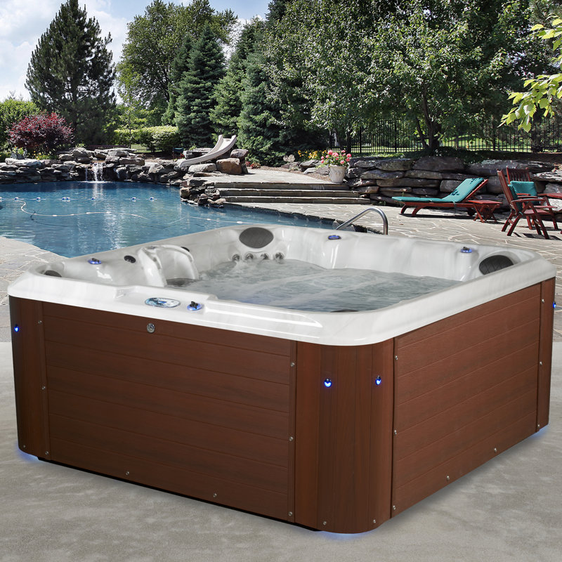  Amplified™ 7-Person 100-Jet Lounger Hot Tub Spa with Bluetooth Stereo, 3 Pumps, LED Lighting, Stainless Steel Heater and Ozonator, Insulated Cover Included and Steps Included