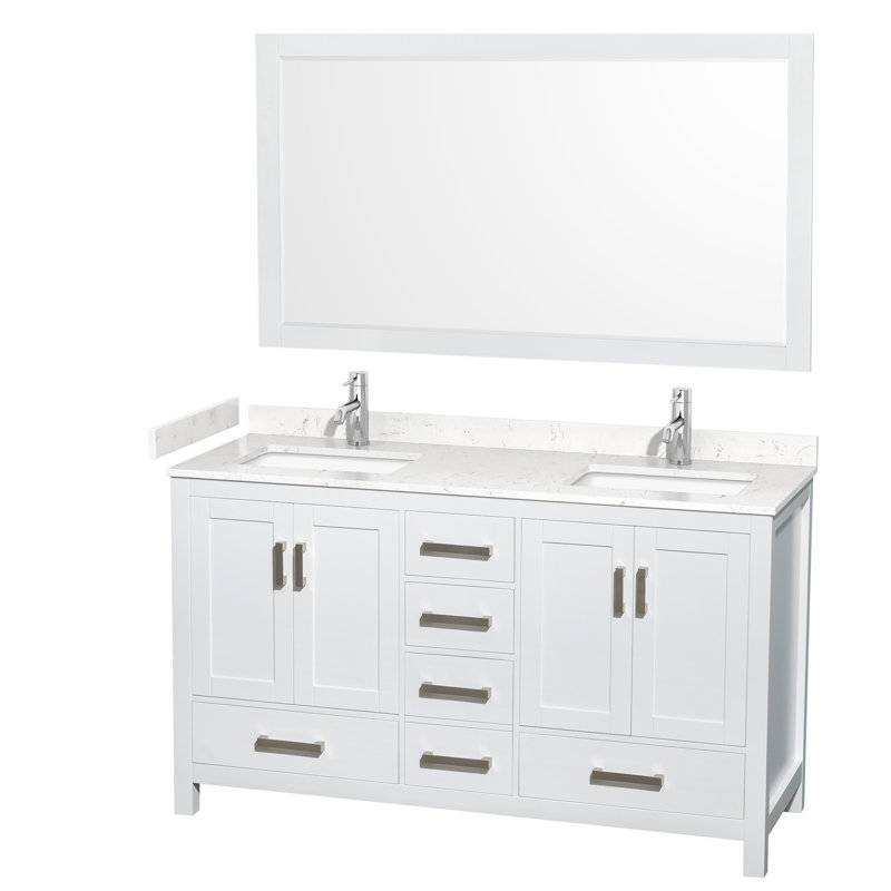 Sheffield 60" Freestanding Double Bathroom Vanity with Cultured Marble Top with 58" Mirror, Carrara Cultured Marble, White