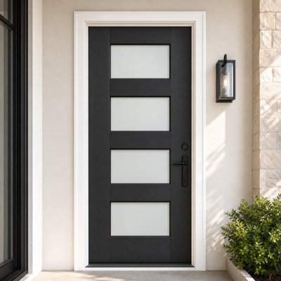 36” x 80” Contemporary 4-Lite Black Fiberglass Entry Door Slab – Left-Hand Inswing