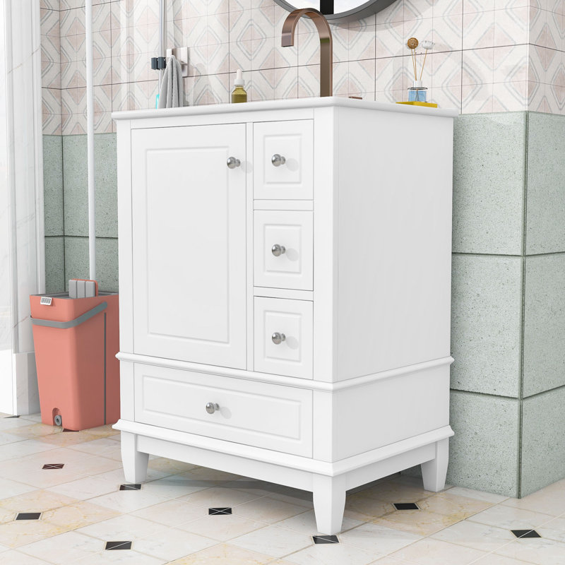 Meuble-lavabo en bois avec lavabo, tiroirs de rangement et tablettes de porte internes en bois, Blanc
