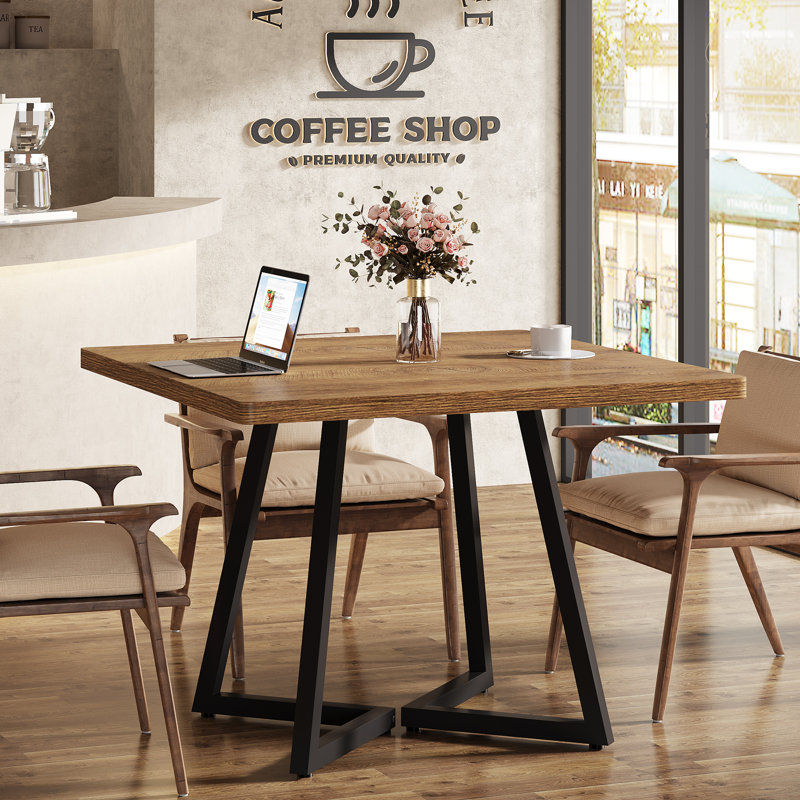 Square Dining Table, 31.5" Industrial Dinner Table, 1 PC, Black, Light Brown